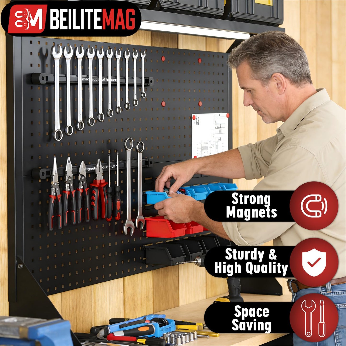 BEILITEMAG 17 Inch Double Sided Magnetic Tool Holder, Heavy Duty Wall Mount Bar with Extra Strong Magnets for Screwdrivers Wrenches Pliers, Magnetic Tool Strips for Garage Workshop or Jobsite (2 Pack)