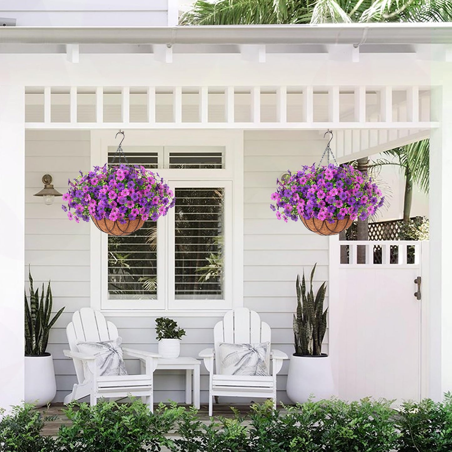 Artificial Silk Flowers Hanging Baskets Outdoors Indoors, Daisy with Eucalyptus Leaves Arrangement for Garden Yard Spring Summer Decor Faux Green Plant Metal Coconut Lining (Dark Purple Purple)