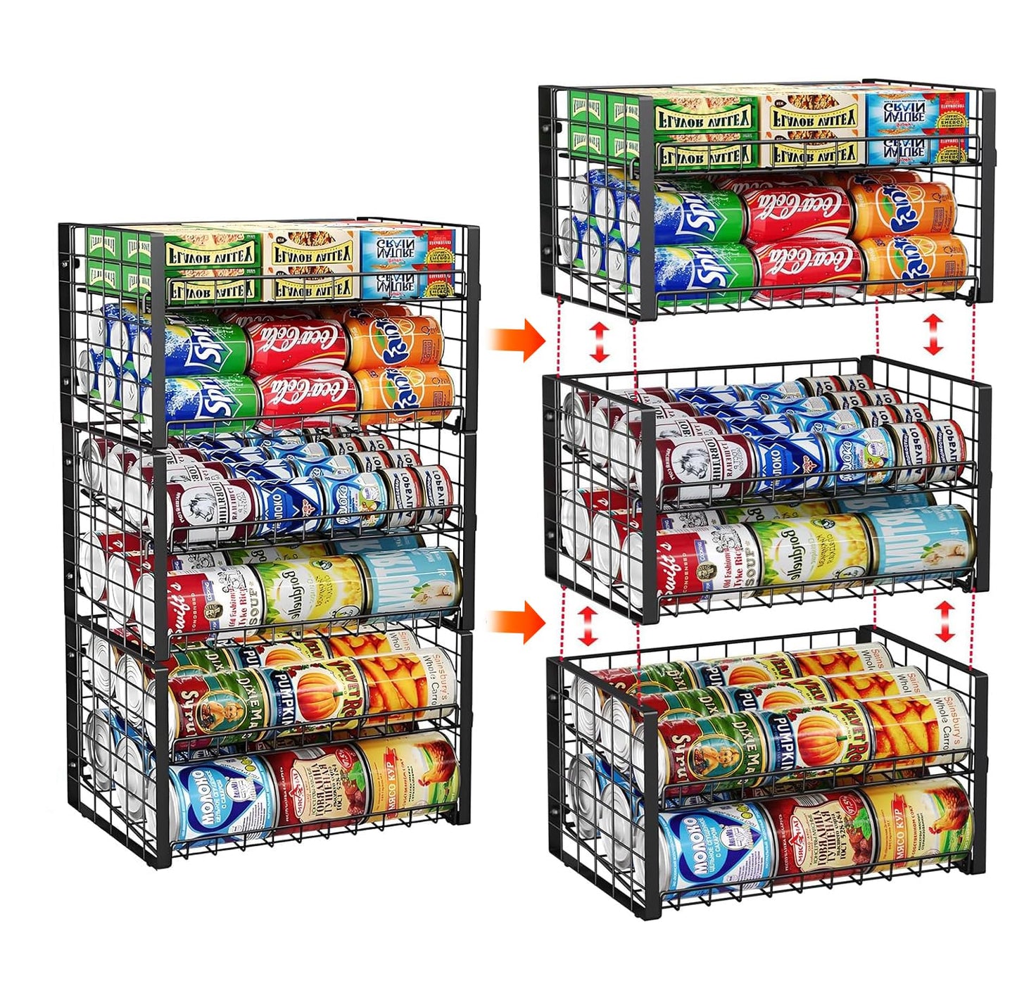 JKsmart 2-Tier Stackable Rack Organizer for Pantry, Adjustable Dispenser Holds Up to 88 Cans, Storage Holder for Various Ounces of Canned Drinks, Black, 3 Pack