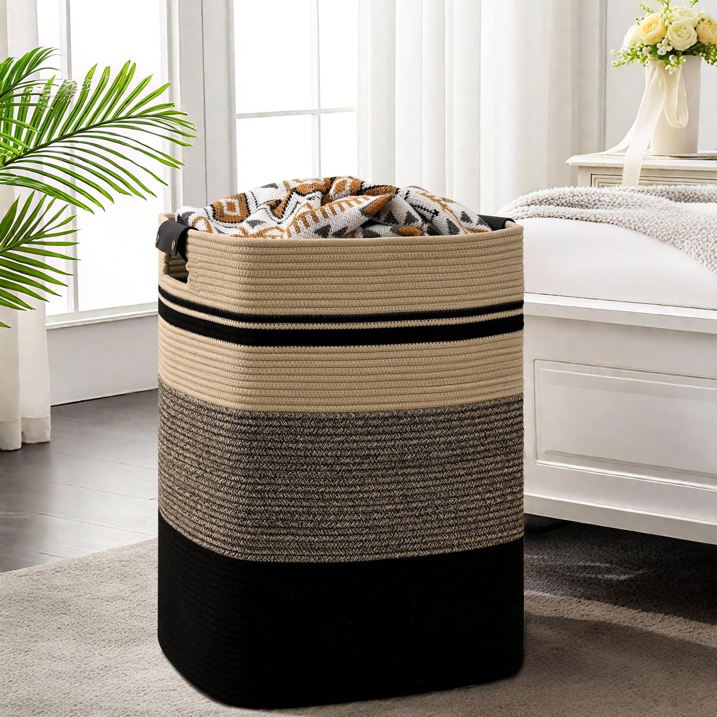 Degeyoyo Laundry Hamper, 85L Tall Laundry Basket with Leather Handles, Rectangle Large Clothes Hamper for Organizing, Cotton Woven Laundry Baskets Storage Hampers for Bedroom, Nursery, Living Room