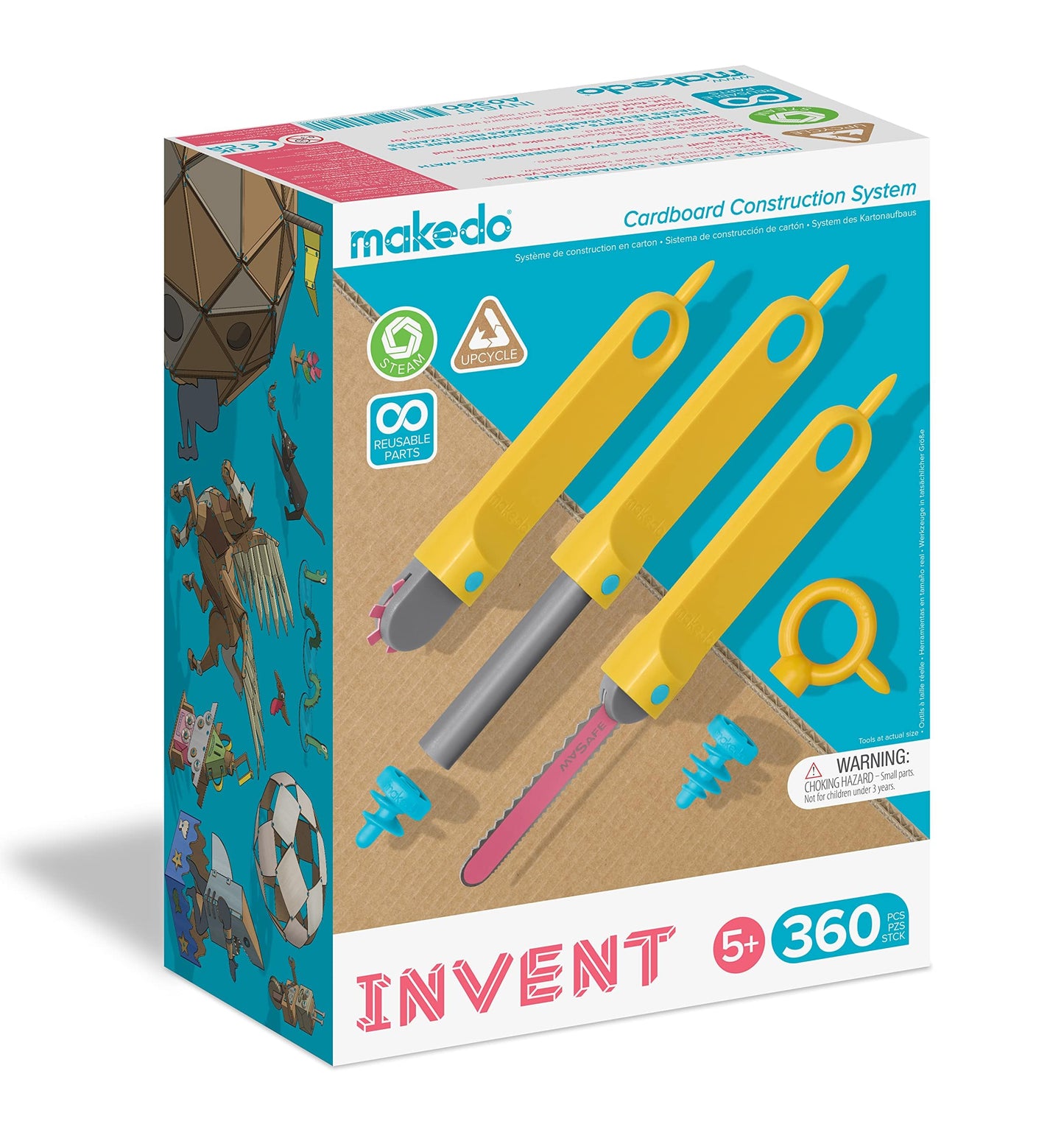 Makedo Invent | Upcycled Cardboard Construction Toolkit in Large Toolbox (360 Pieces) | STEM + STEAM Educational Toys for Classroom Learning | Resuable Tools for Boys and Girls Age 5+