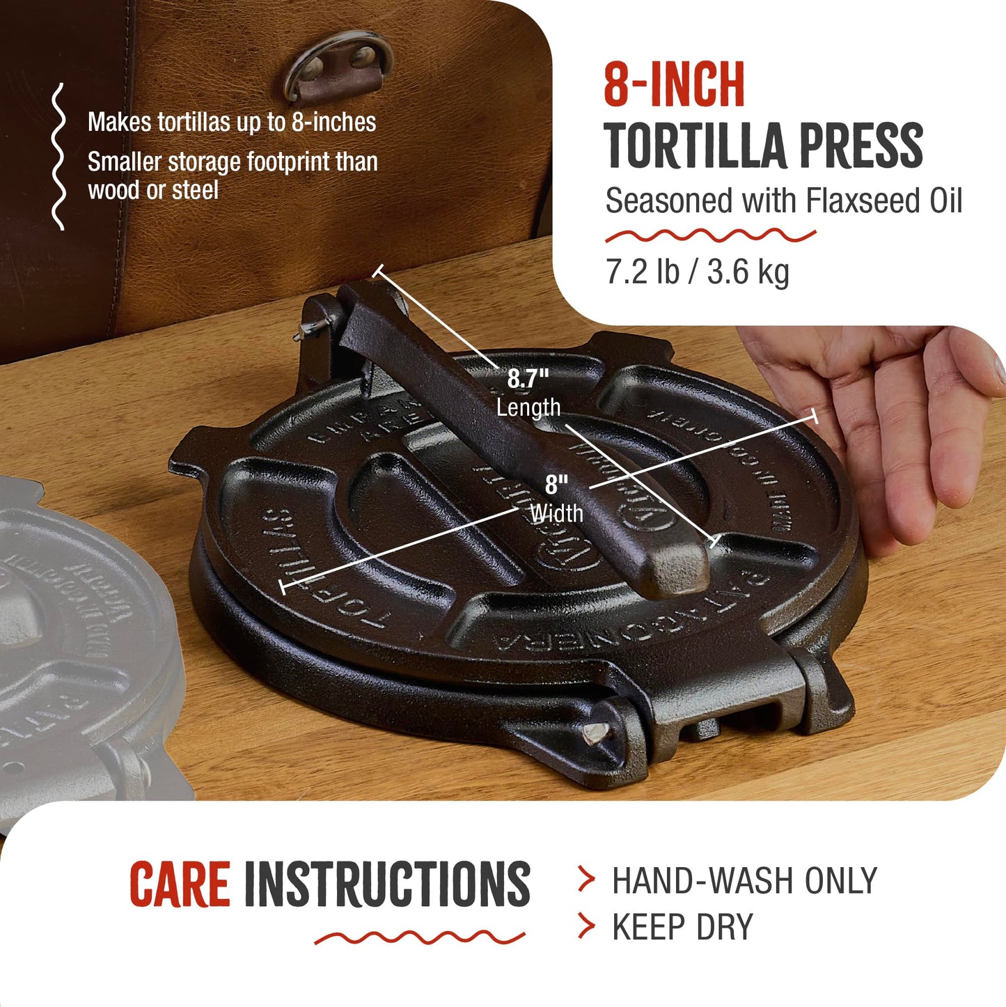 Victoria 6.5 Inch Cast Iron Tortilla Press. Tortilla Maker, Flour Tortilla press, Rotis Press, Dough Press, Pataconera Seasoned with Flaxeed Oil