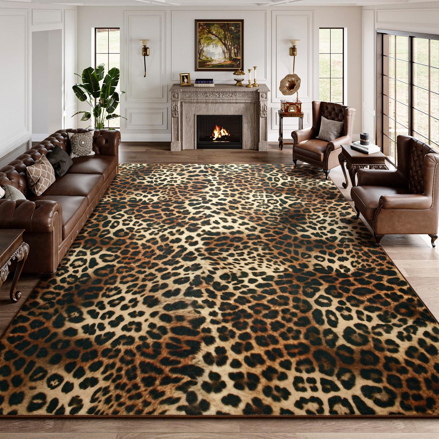 DweIke Leopard Rugs for Living Room, 4x6 Cheetah Print Rug for Bedroom Decor, Washable Non-Slip Stain Resistant Faux Animal Throw Carpet for Dining Room Office Western Home, Dark Brown