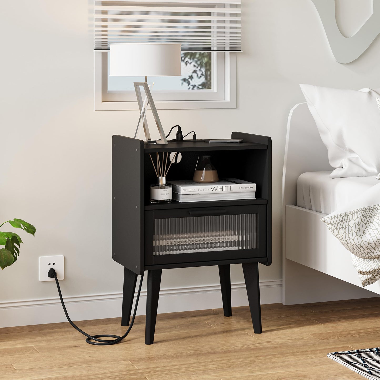 MMEOLUOOK Nightstand with Charging Station, Bedside Tables, End Table Side Table with 2 Tiers Storage Space, for Bedroom, Living Room, Black CAMLBZ07BE