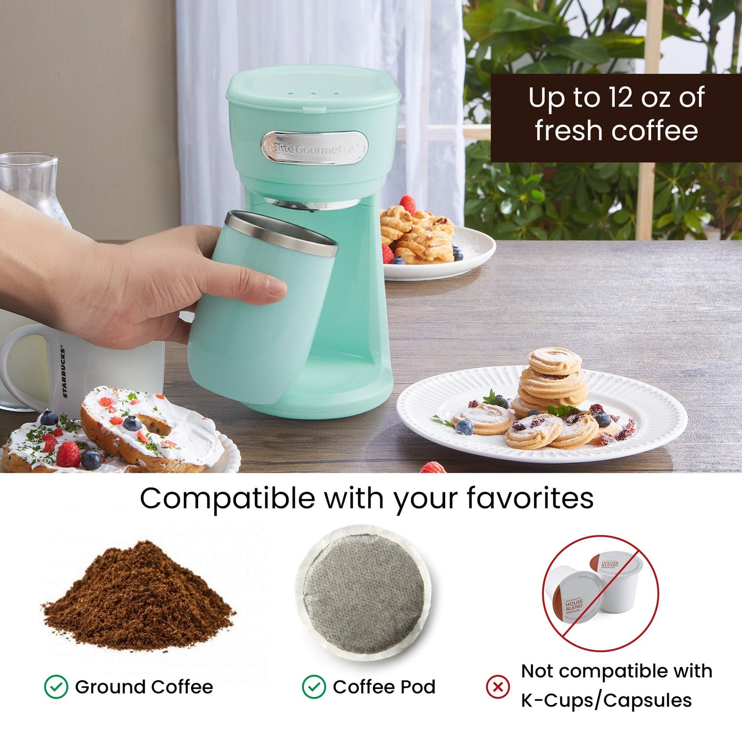 Elite Gourmet EHC242M Personal Single-Serve Compact Coffee Maker Brewer Includes 12oz. Dual Wall, Travel Mug with Stainless Steel Interior, Compatible with Coffee Grounds, Reusable Mesh Filter, Mint