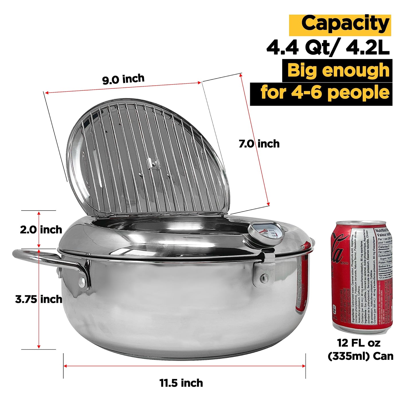 Saltlas Deep Fryer Pot (°F), 11"/4.4Qt (4.2 L) Extra Large Tempura Frying Pot with Lid, 304 Stainless Steel Fry Pot with Fahrenheit Thermometer and Oil Drip Drain Rack