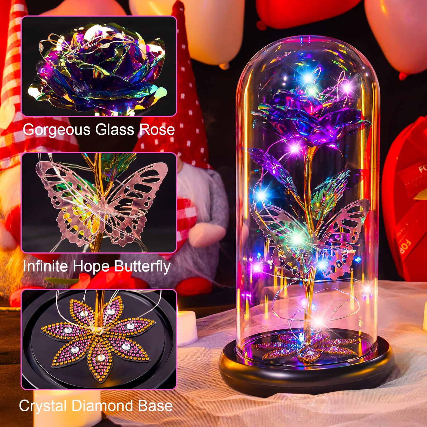 Pusuny Mothers Day Flowers Gifts for Mom Women Birthday Gift Galaxy Glass Rose Forever Eternal Crystal Flowers Rose in Glass Dome with Butterfly Mother's Day Roses Gifts for Mom Daughter Wife Purple