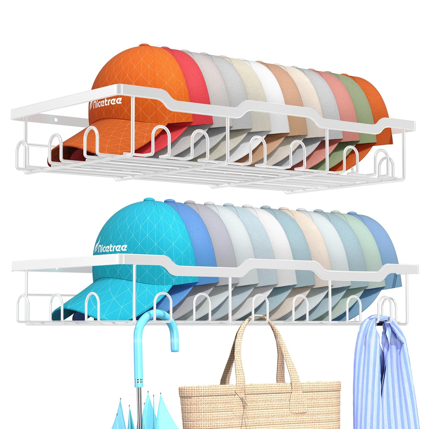 Nicetree Hat Racks for Baseball Caps Wall - Metal Hat Organizer for 48 Baseball Caps Holder, 2 Pack Hat Storage Organizer for Closet, Bedroom, Living Room White