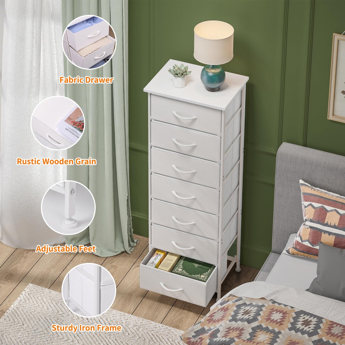 Fixwal Tall Narrow White Dresser for Bedroom, Storage Dresser Organizer with 7 Fabric Drawers, Nightstand Furniture in Closet, Entryway, Hallway