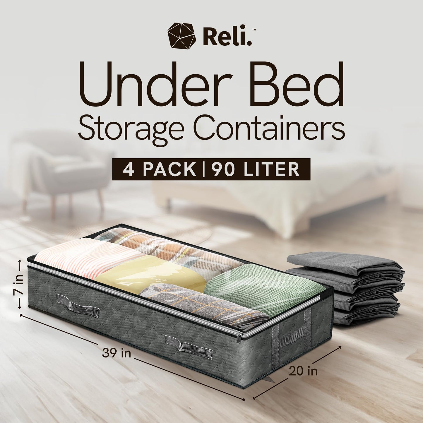 Reli. 90L Under Bed Storage Containers (4 Pack) | Closet Organizer with Clear Window | Underbed Storage Bins for Towels, Sweaters, Linens | Large Organizer for Closet (Gray)