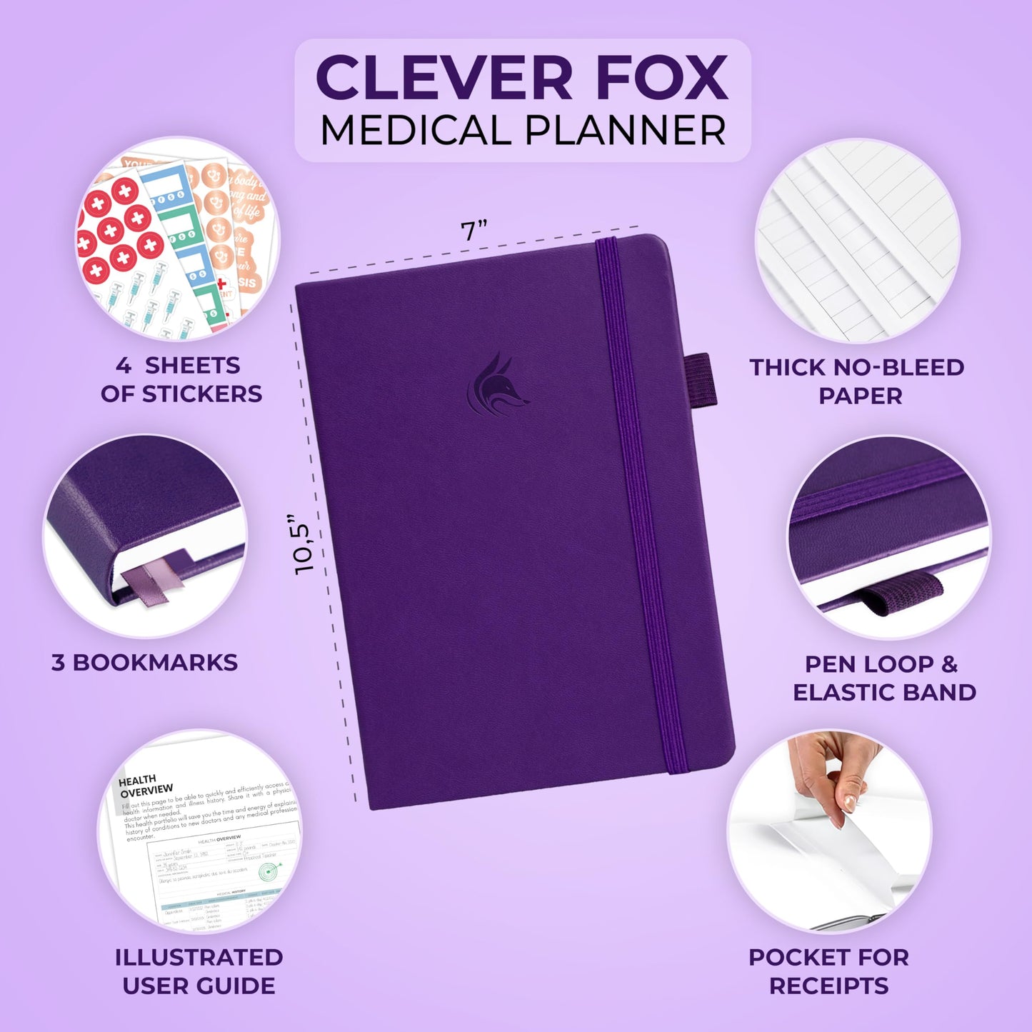 Clever Fox Large Medical Planner 12-Month – Medical Notebook, Health Diary, Wellness Journal to Track Health – 12 Months, 7x10.5″ (Purple)
