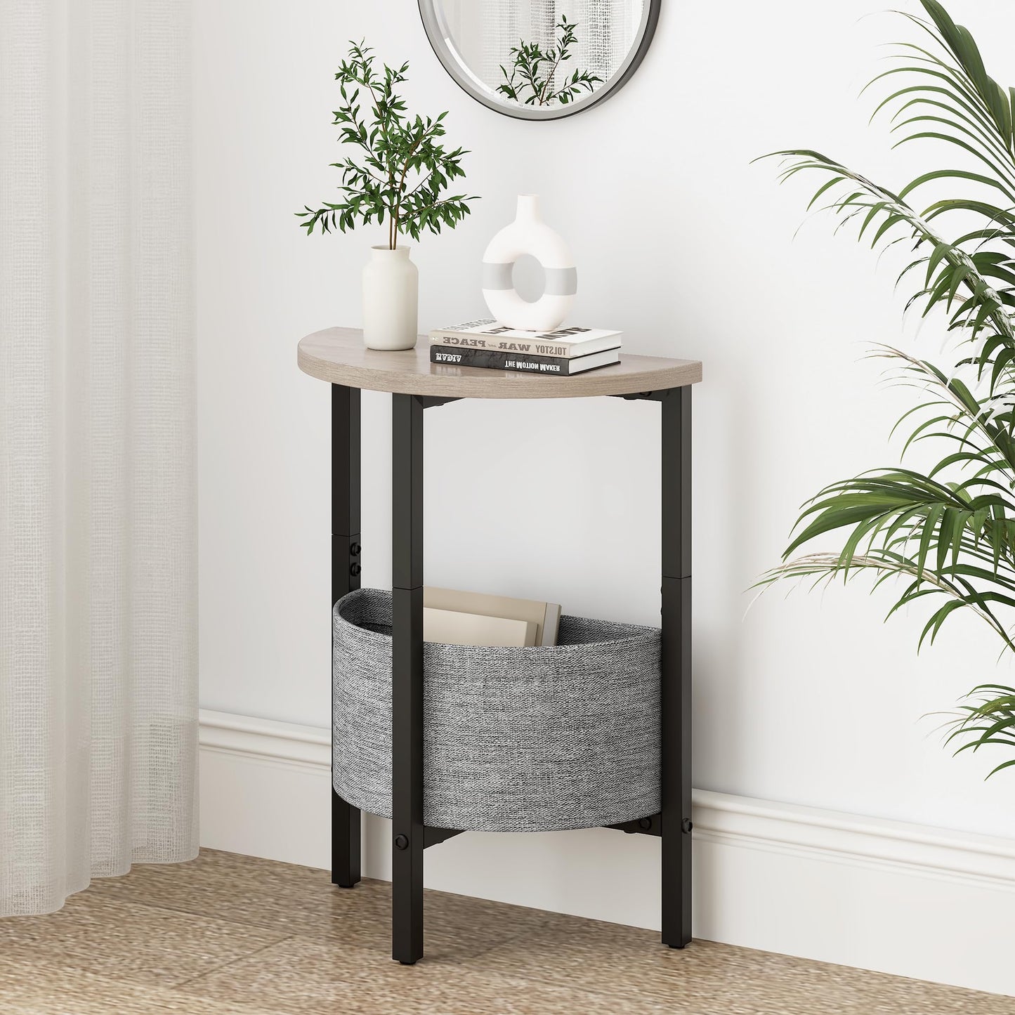 Vagusicc Small Round Side Table End Table, Tall Accent Table with Storage Basket, Set of 2 Half Round Tables Half Moon Tables, Coffee Bedside Tables, Modern Nightstand for Living Room Bedroom, Gray