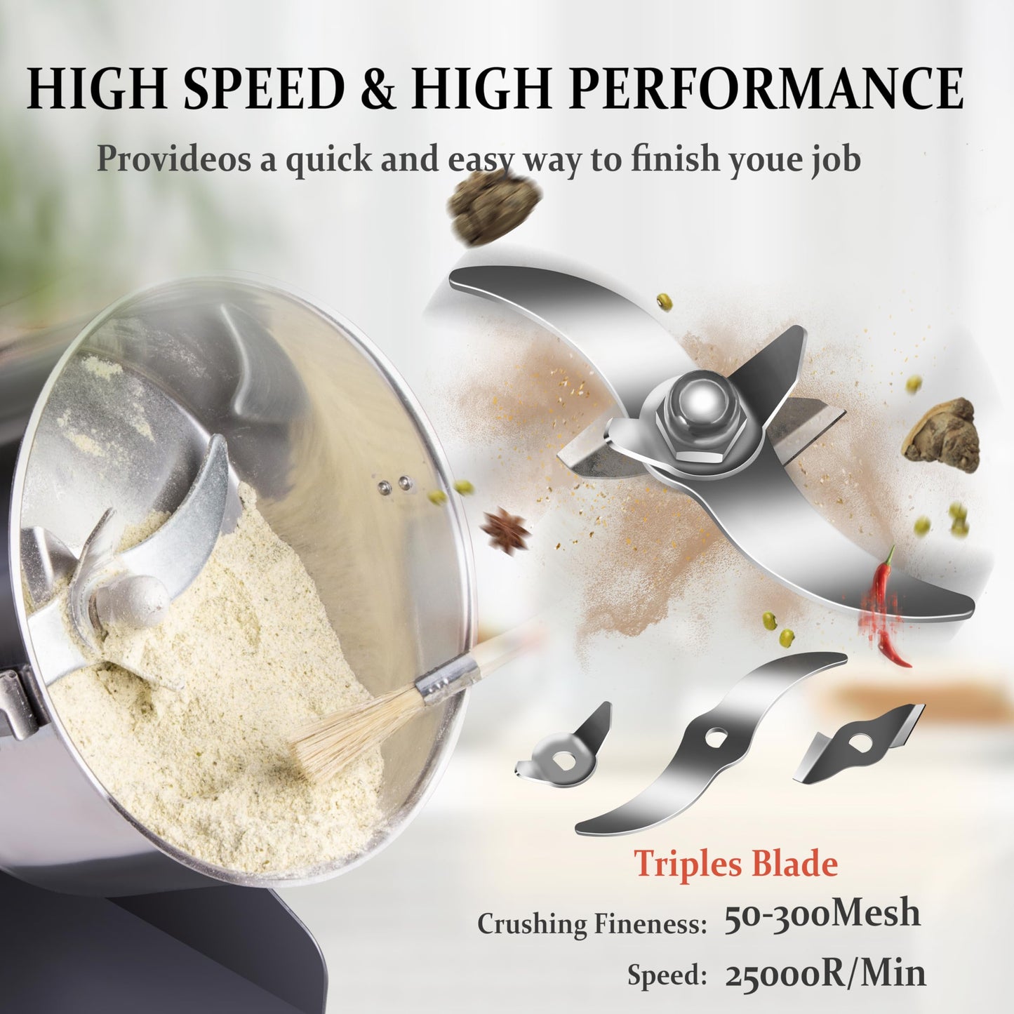 INSELY Grain Mill 150g, flour mill grinder for home, Electric Stainless Steel Grain Grinder for Wheat, Spices, coffee,Corn and Other Dry Food Grinders for Kitchen