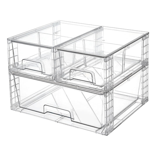 Vtopmart 3 Pack Stackable Storage Drawers, Easily Assemble Acrylic Bathroom Undersink Organizers,Clear Plastic Storage Bins for Closet,Cabinet,Pantry,Medicine Organization