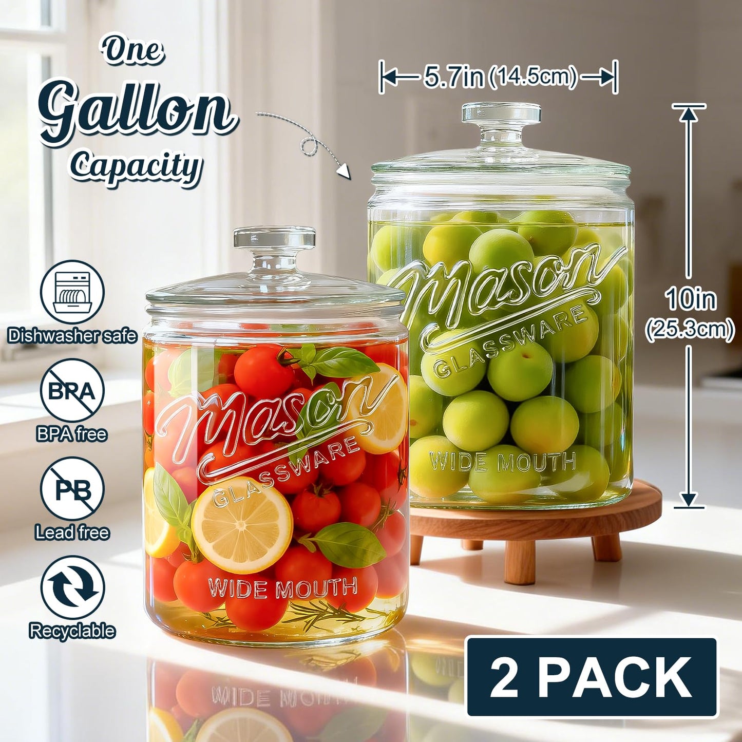 Dwbligt 2 Pack 1 Gallon Glass Cookie Jar with Lid, Glass Canisters for Pantry Organizers & Storage, Wide Mouth Mason Jar for Flour Sugar, Sourdough Starter, Coffee, Dog Treat, Apothecary, Laundry Room