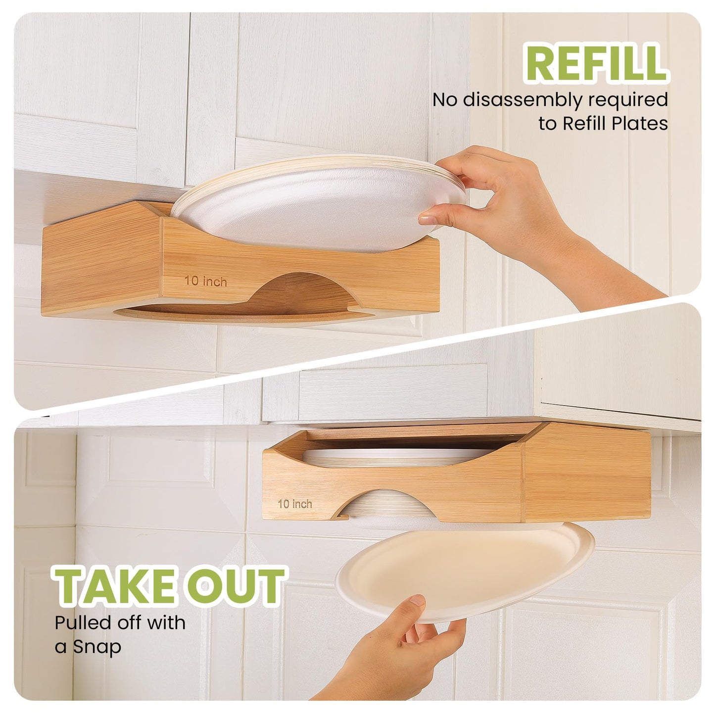 CKIU 10-inch Paper Plate Dispenser Under Cabinet, Bamboo Paper Plate Holders, Kitchen Counter Vertical Plate Dispensers Holders Countertop Caddy(For 10-inch Plates, Bamboo)