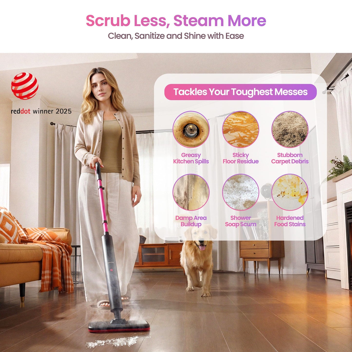 Schenley Steam Mop Cleaner Powerful - 15s Fast Heat-Up, Chemical-Free for Hardwood/Tile/Laminate & Floors/Walls, Washable Pads, 3 Modes for Carpet, Lightweight, Self-Standing, Sleek Design