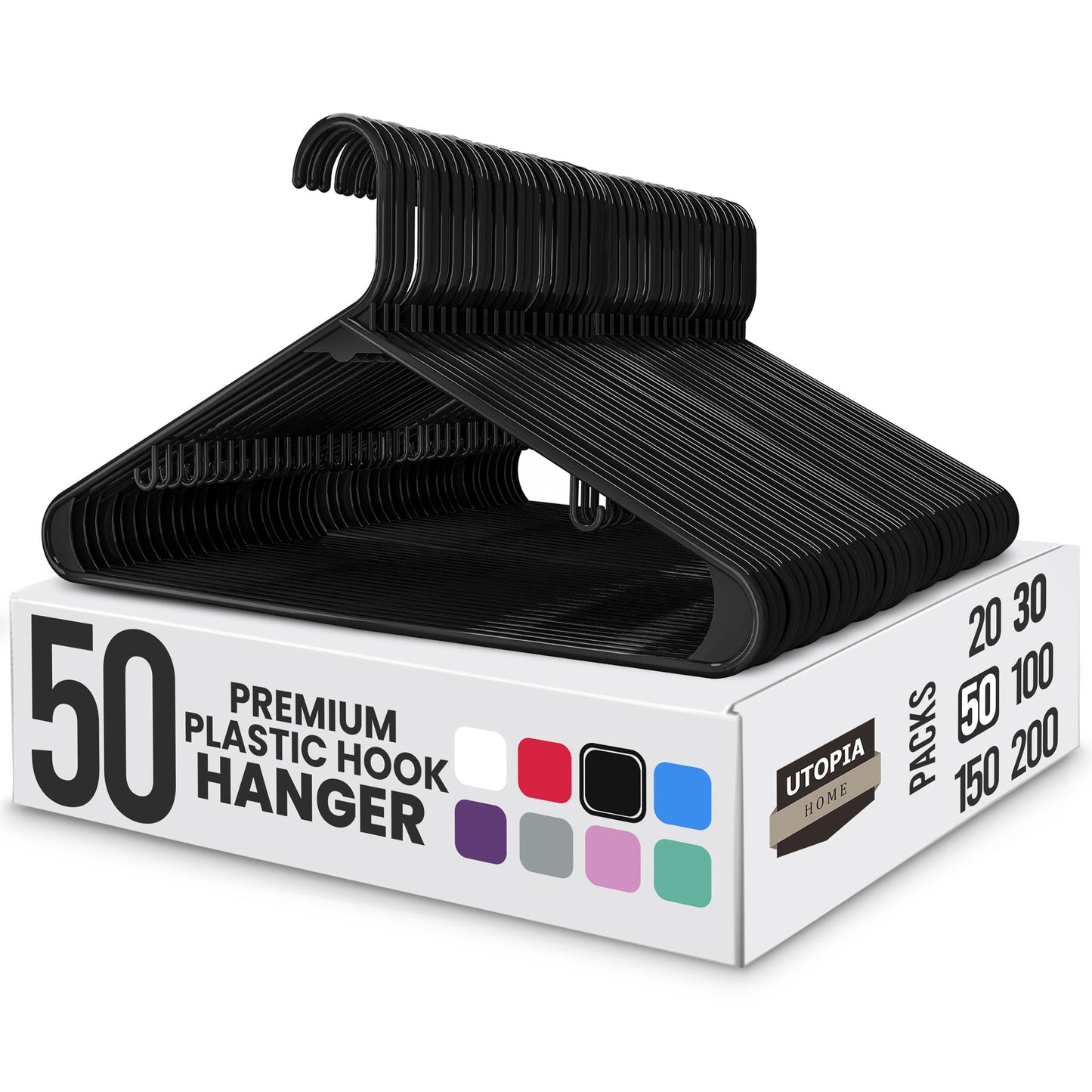 Utopia Home Plastic Hangers 50 Pack - Space Saving Clothes Hanger - Durable & Strong Closet Organizers and Storage with Built-in Strap Hooks - Essential for Shirts, Pants, Skirts & Coats (Black)