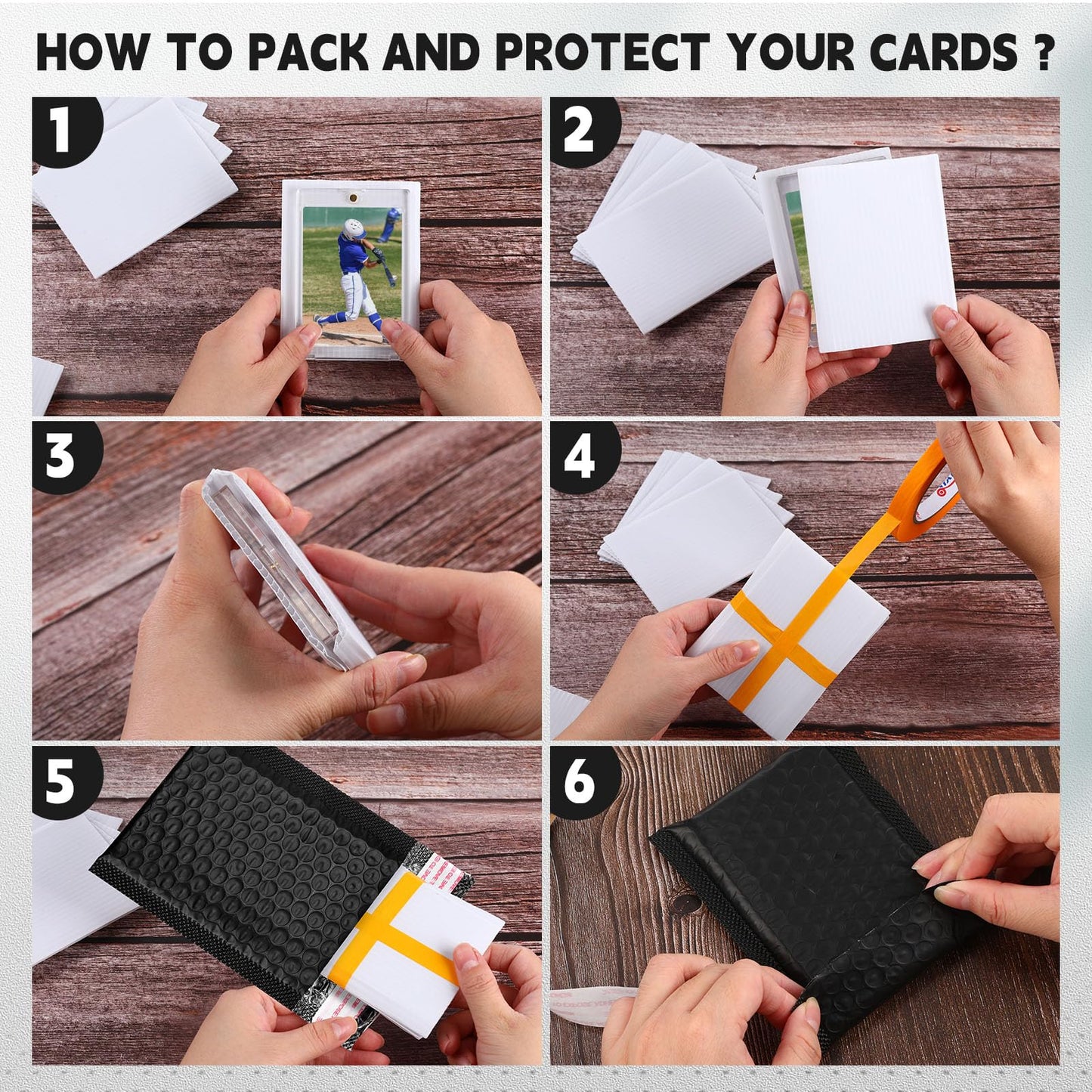 Engrowtic 302 Pcs Trading Card Shipping Protector Set Include 200 Precut Plastic Inserts Card Mailers 100 Poly Bubble Mailers Padded Envelopes and 2 Masking Tape(Black,4.5 x 3.5 Inch)