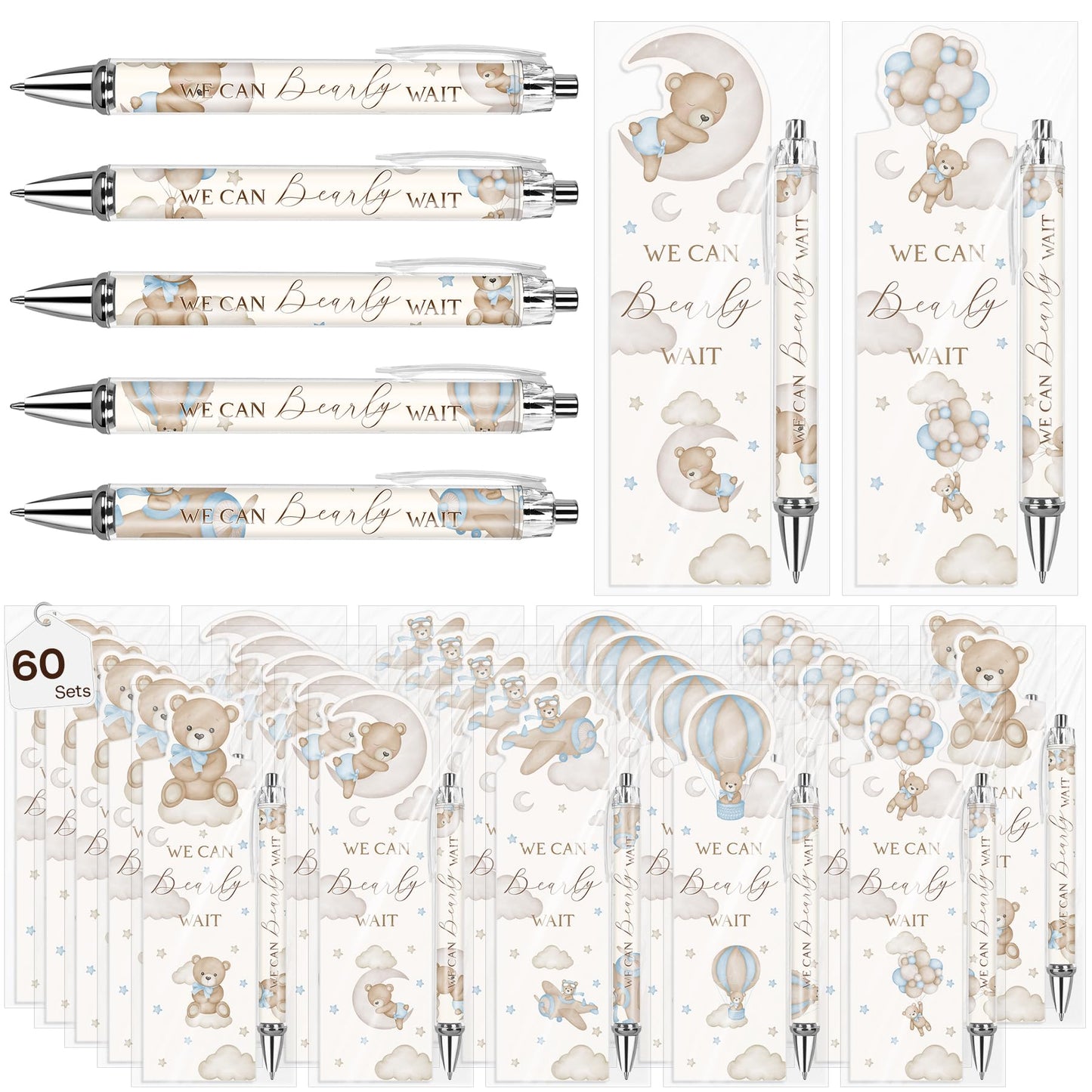 Stuffygreenus 60 Sets Baby Shower Gifts Pens in Bulk for Guests Blue Bear Party Favors Retractable Ballpoint Pen with Bookmarks Black Ink Gender Reveal Souvenirs Prizes Gifts Supplies