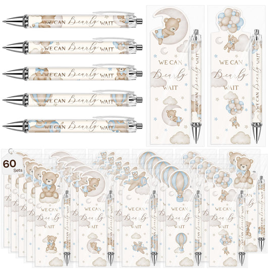 Stuffygreenus 60 Sets Baby Shower Gifts Pens in Bulk for Guests Blue Bear Party Favors Retractable Ballpoint Pen with Bookmarks Black Ink Gender Reveal Souvenirs Prizes Gifts Supplies