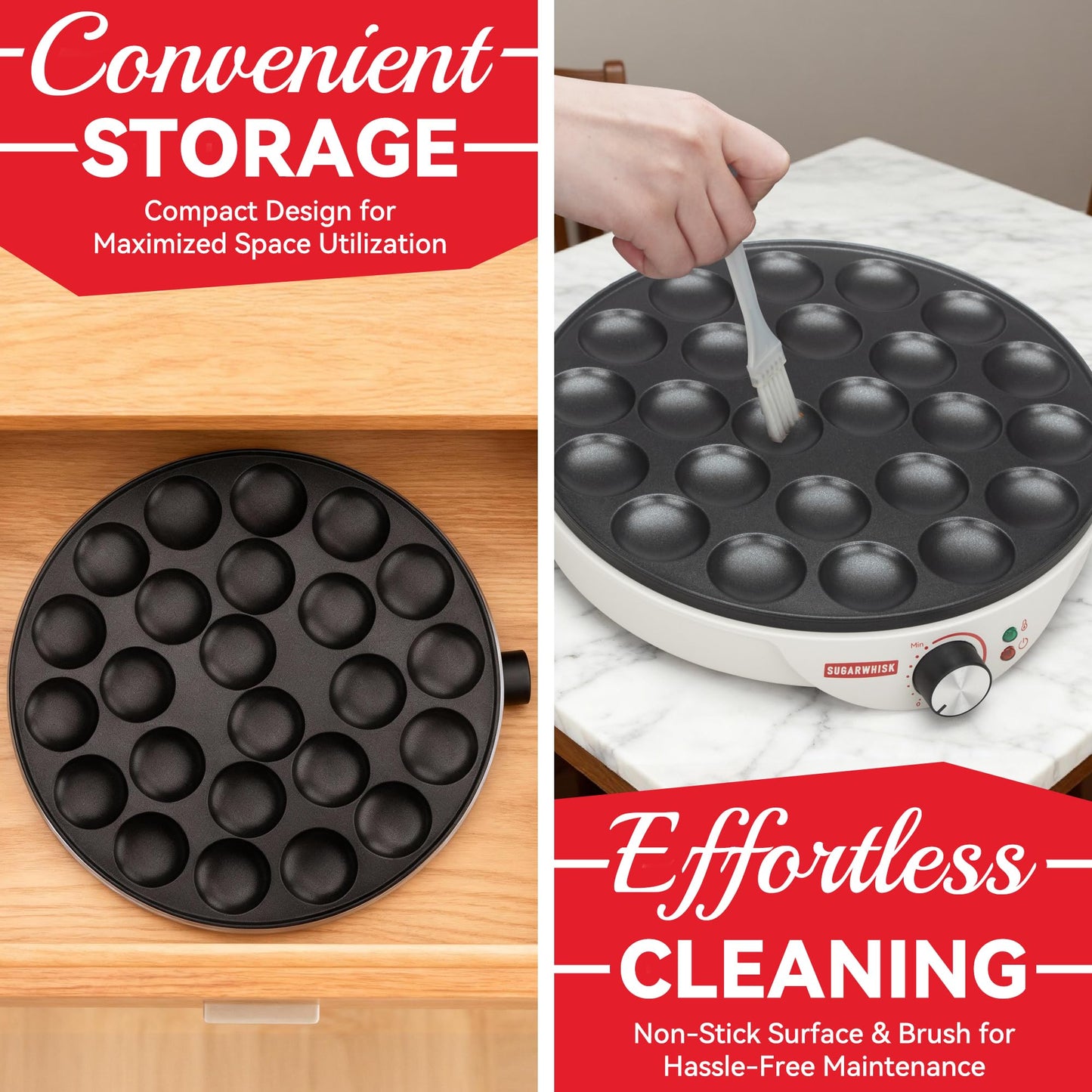 SugarWhisk 24 Slots Mini Pancakes Maker, Poffertjes Maker Pan, Thin Ebelskiver Aebleskiver Pan, Electric Pancakes Maker, Dutch Pancake Machine, Browning Controllable, with Brush & Forks, White