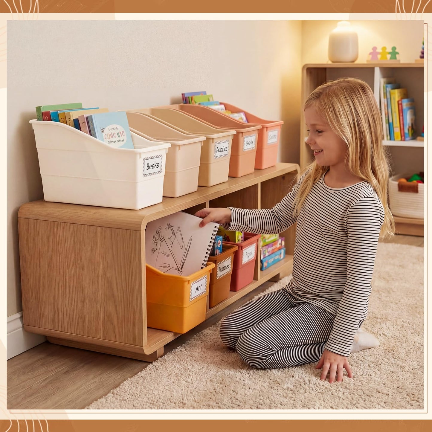 Blosssound 6 Set Book Bins for Classroom with Label Sticker Book Box Baskets Plastic Stackable Organizing Bins Storage & Organization for Classroom Library Home School Supplies (Earth Tones)
