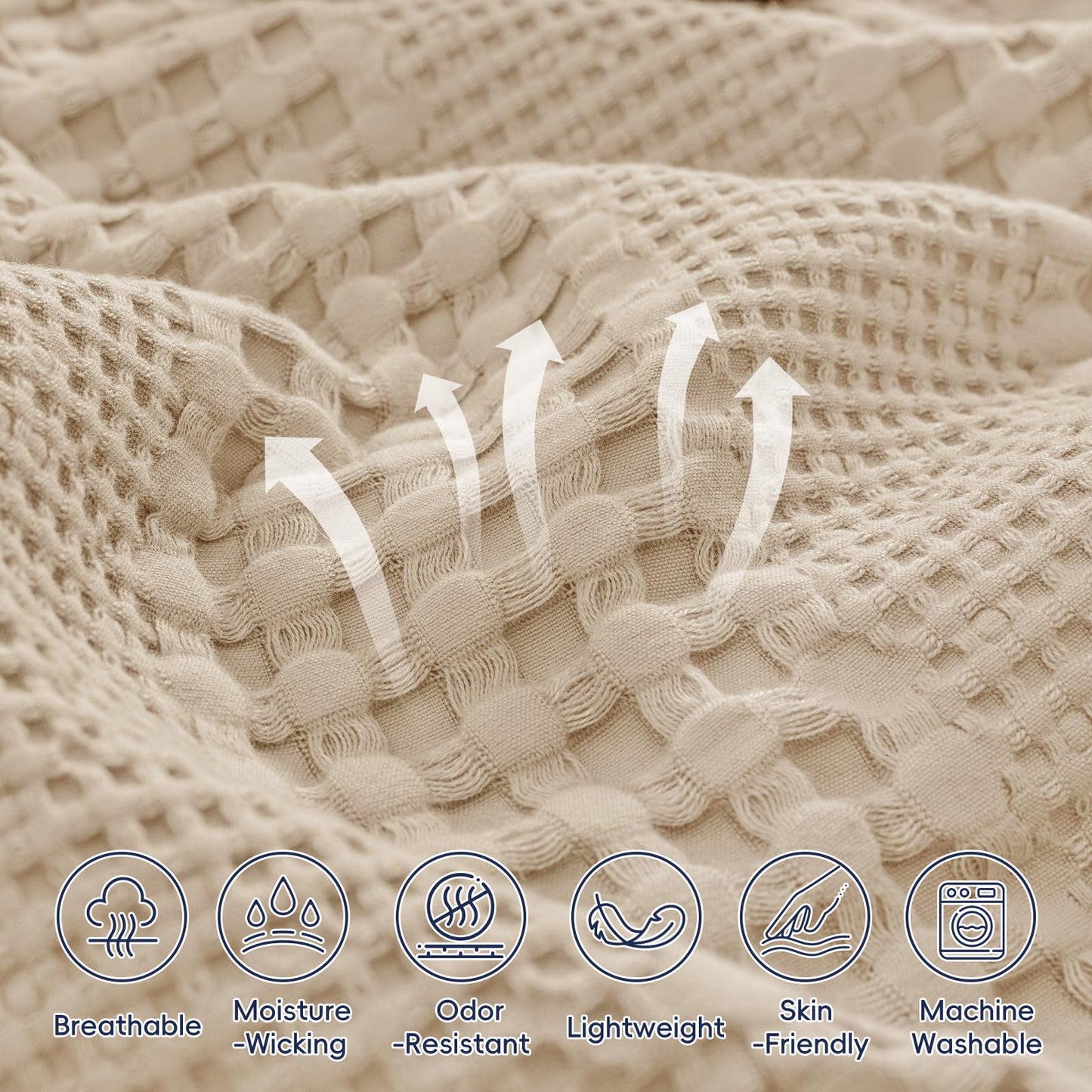 PHF Cooling Waffle Blanket Queen Size, Lightweight 60% Rayon from Bamboo & 40% Cotton Breathable Blanket for Hot Sleepers, Summer Use, Soft Luxury for Bed Couch Sofa, 90"x90", Light Tan