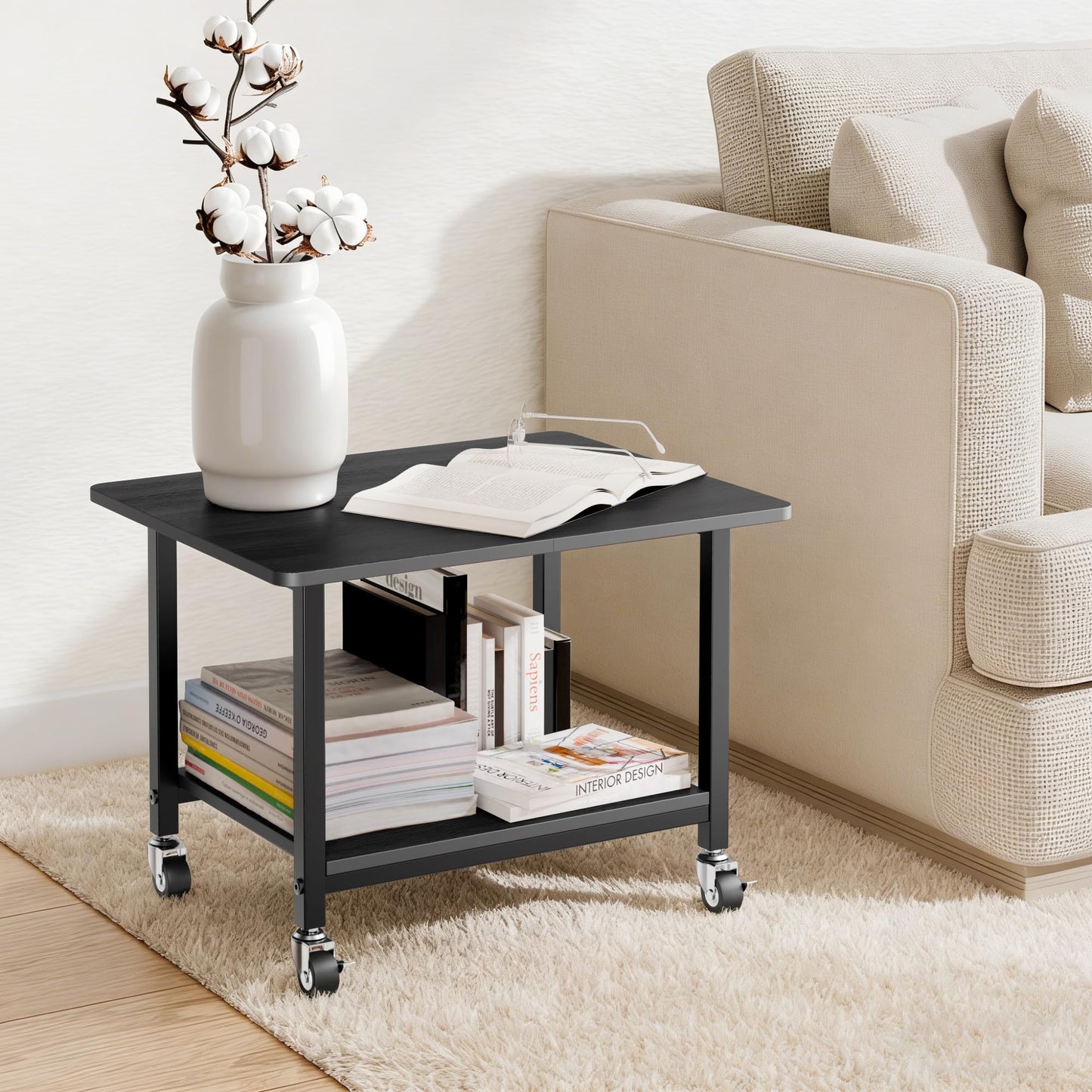 niffgaff Printer Stand with Lockable Wheels, 2-Tier Rolling Printer Cart with Storage Shelf, Compact Wood & Metal Printer Table for Home Office, Black, 20.1'' ×15.4'' ×14.6''