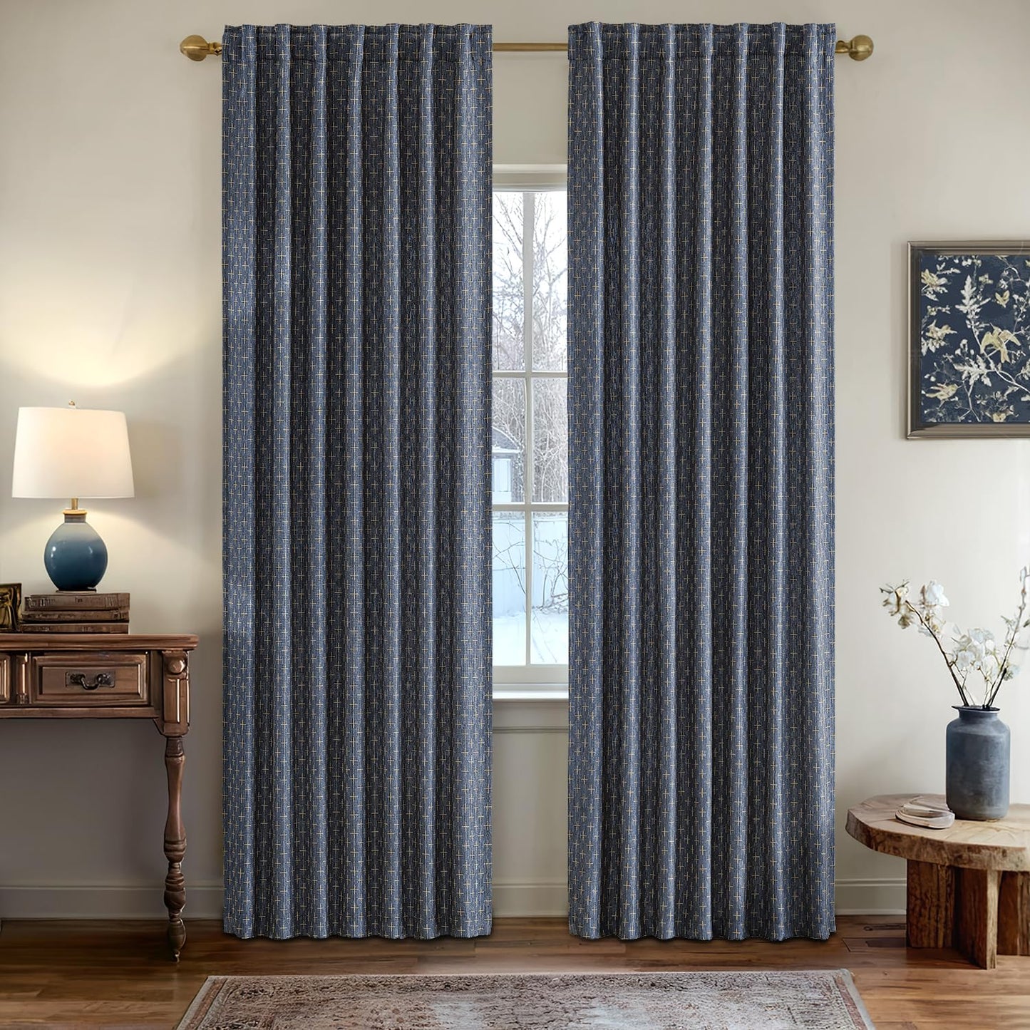 MIULEE Decorative Back Tab Linen Curtains with Geometric Pattern for Living Room Bedroom Farmhouse Rustic Thick Woven Textured Patterned Mudcloth Drapes 84 Inches Long 2 Panels Set, Blue