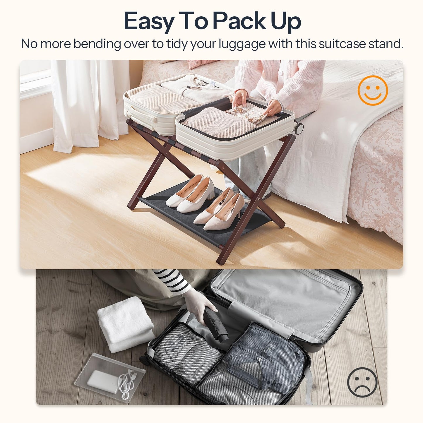 HOOBRO Luggage Racks, Set of 2 Folding Luggage Holders, Bamboo Suitcase Stands, with Nylon Straps and Oxford Fabric Shelf, for Guest Room, Hotel, Bedroom, Brown and Black BR17XLP201G1