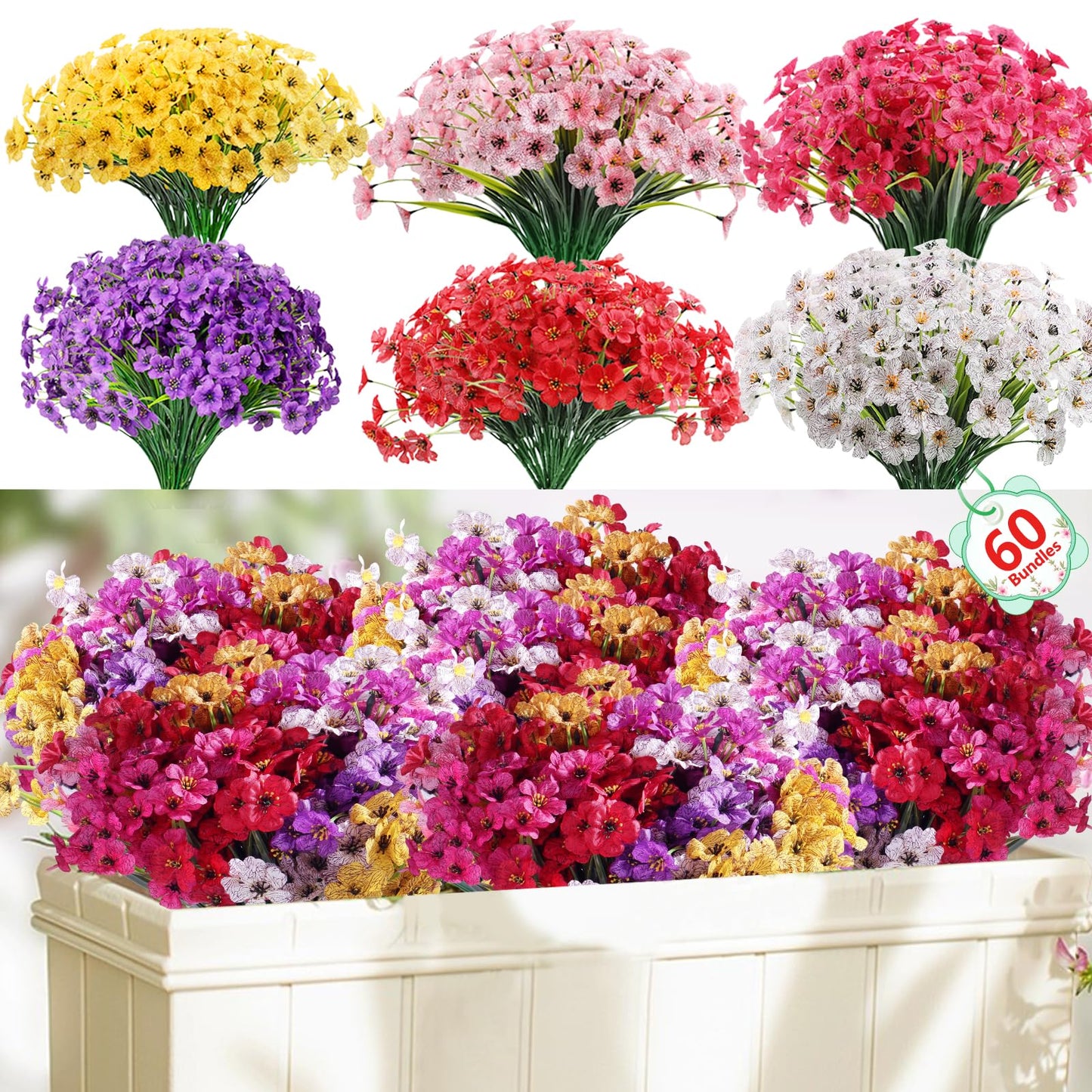 Powbrace 60 Pack Artificial Flowers Outdoor, Faux Silk Flowers for Outdoors Outside Front Porch Hanging Planter Window Box Garden Decoration(Mixed)