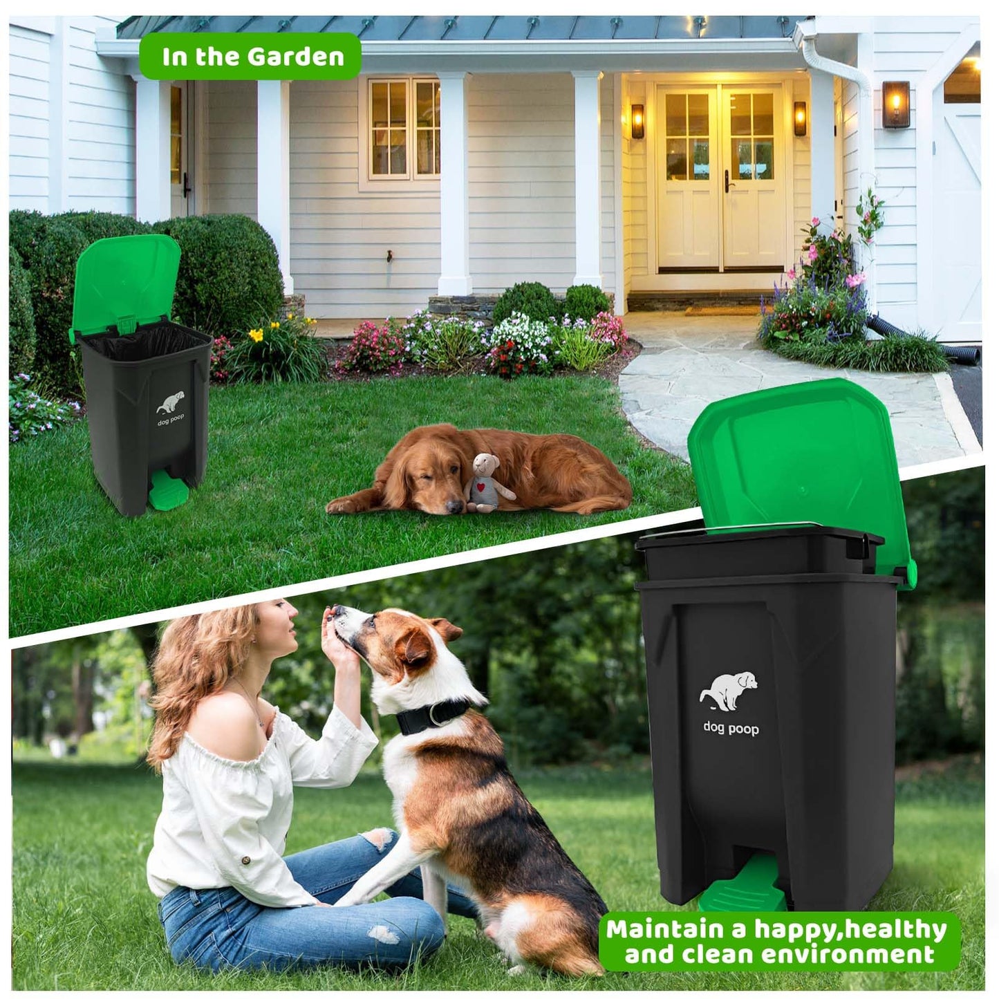 Uppcasir Dog Poop Trash Can Outside, 20L/5Gallon Dog Waste Trash Can with Lid, Pedal and Removable Inner Waste Bin, Pet Poop Bucket with 100 Bags, Green