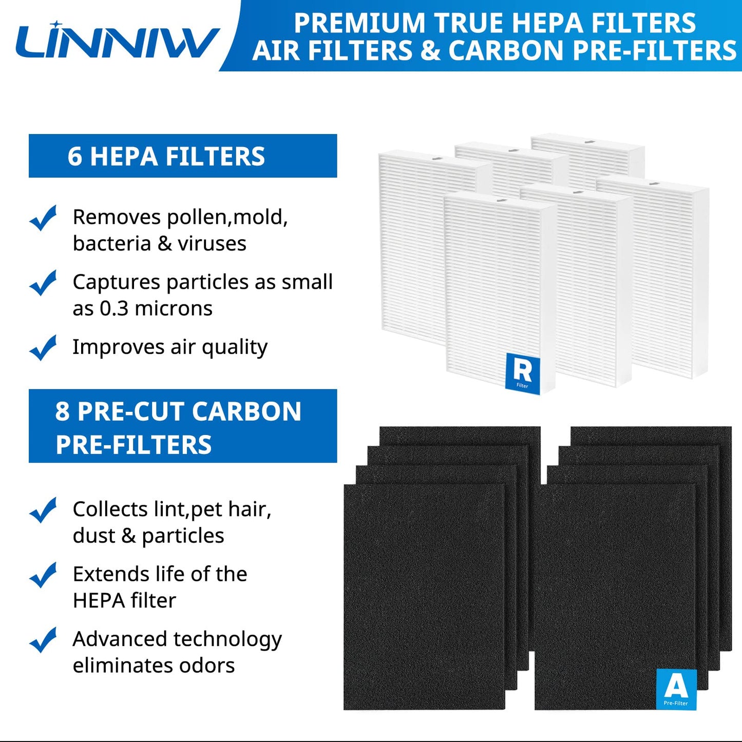 HPA300 Filter R replacement for Honeywell HPA300, HPA200, HPA100, HPA090 Series Air Purifiers, Replace #HRF-R3, HRF-R2, HRF-R1 (6 HEPA Filter R + 8 Activated Carbon Pre-Filter)