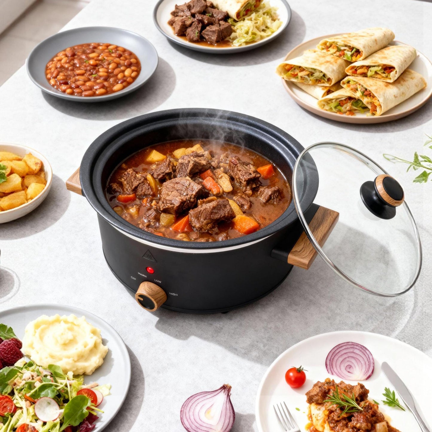 LoftyChef 3 Quart Slow Cooker with Aluminum Inner Pot, 3 Temperature Settings, Dishwasher-Safe Removable Pot & Glass Lid, Wood-Grain Handle Design, Compact Electric Cooker for Home Meals, Black