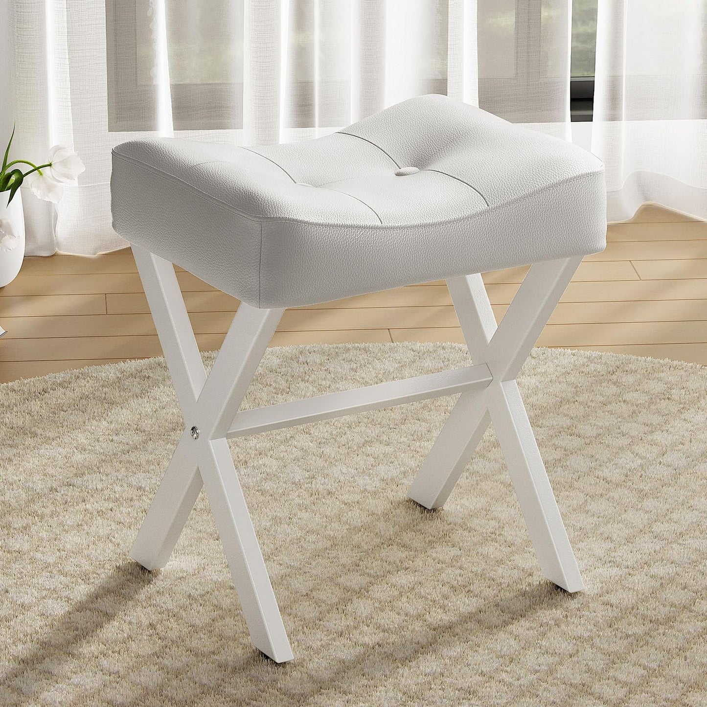 Memobarco 18-Inch Leather Vanity Stool Chair, Vanity Bench with Metal X-Leg, Ottoman Accent Stool with Thick Padded Saddle Seat, White