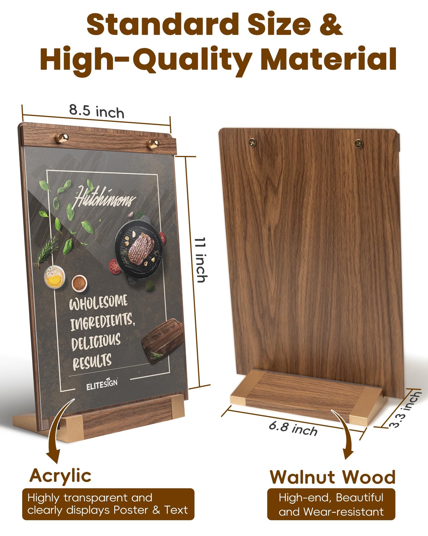 3Pack Acrylic Sign Holders 8.5 x 11 with Walnut Wood Base, Tabletop Clear Commercial Display Stand for Menu, Poster, Flyer, Table Paper Frame for Restaurant/Office/Coffee Shop Store Bar/Wedding/Hotel