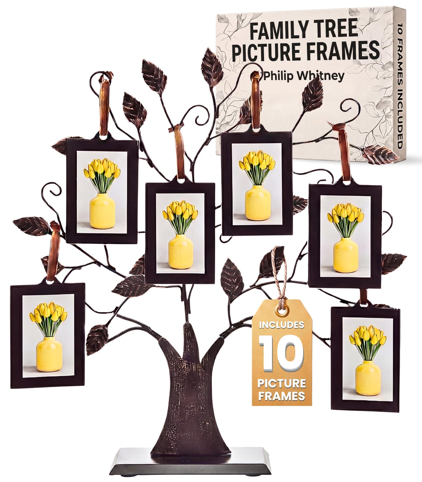 Philip Whitney Family Tree Picture Frame Display - Includes 10 Hanging 2x3 Picture Frames and 13" Polished Metal Tree, Gifts for Mom, Home Décor, Housewarming Gift, Mothers Day Gifts