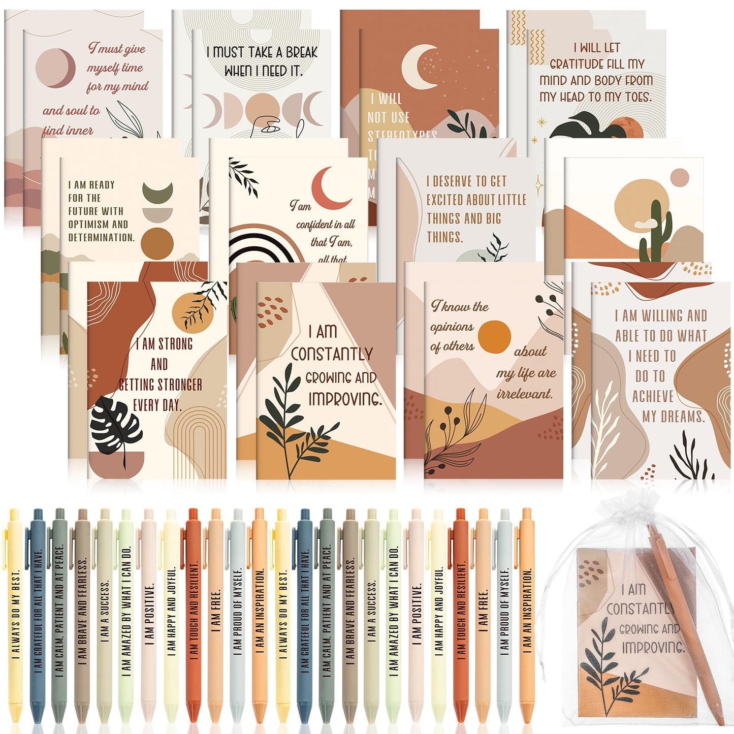 Mooliwe 144 Pcs Positive Affirmation Gift Set Gratitude Notebooks with Pens Small Bags Motivational Encouragement Notepads Daily Affirmations Journal for Women Stress Relief Self Care (Rainbow)