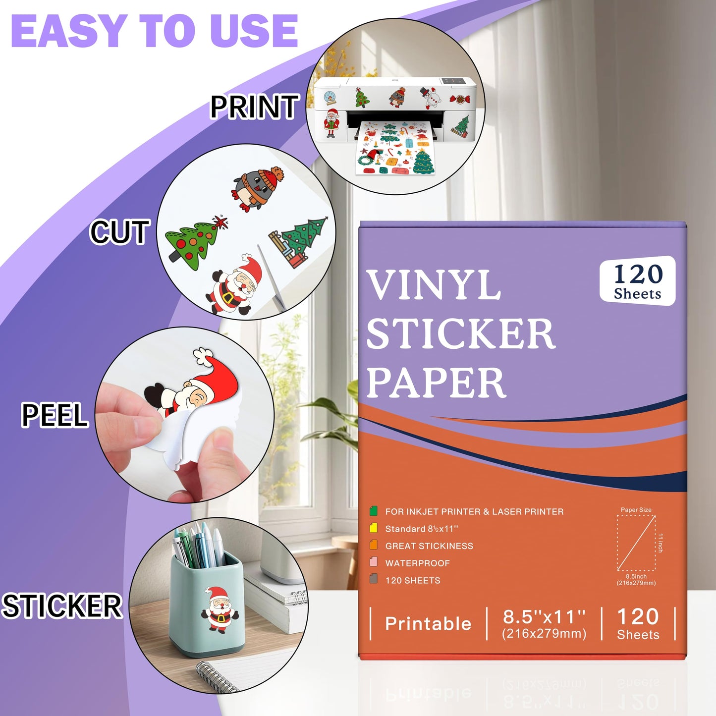 120 Sheets Premium Printable Vinyl Sticker Paper Clear - 8.5x11" for Inkjet Printers, Waterproof Tear Resistant, Dries Quickly, Vivid Colors, Easy to Cut for Cutting Machines, DIY Self-Adhesive Labels
