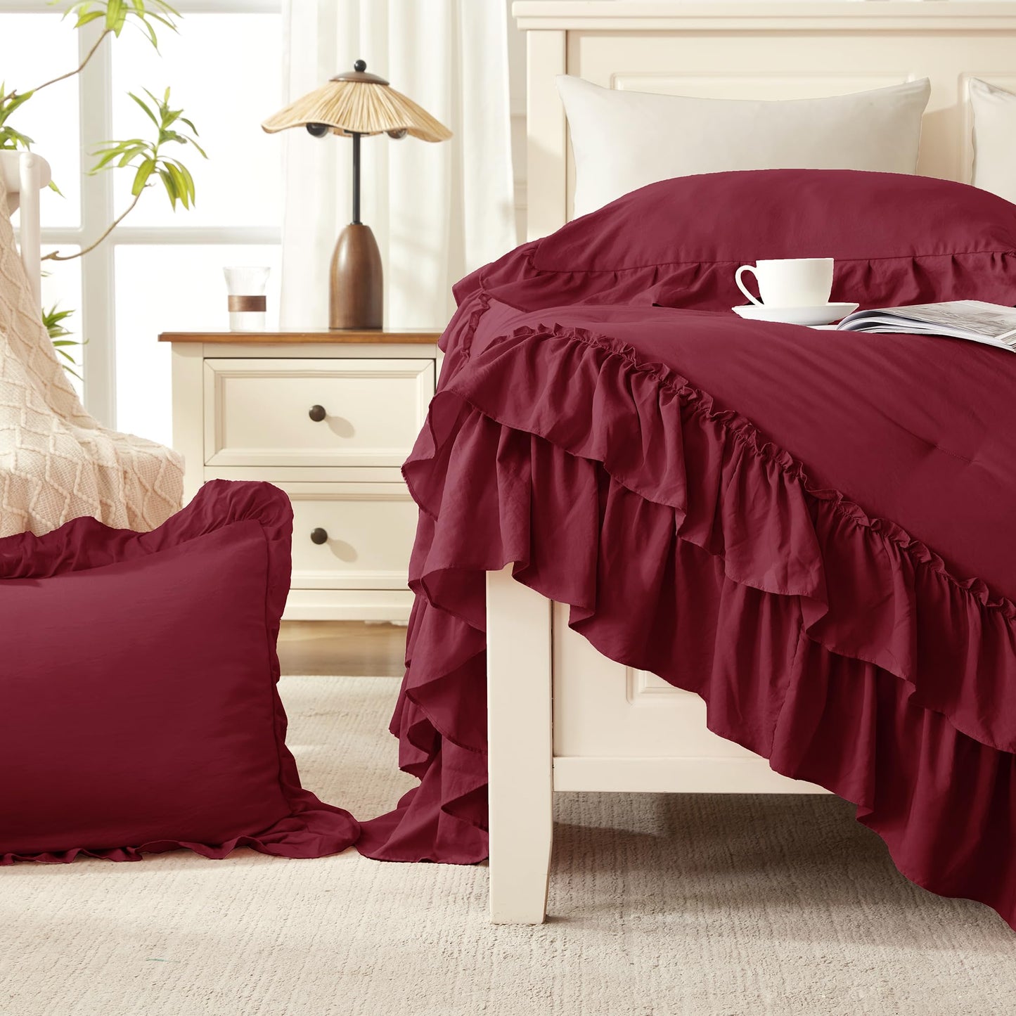 Andency Burgundy Comforter Set Queen Size, Lightweight Fluffy Farmhouse Ruffle Bedding Set, Soft Polyester All Season Shabby Chic Bed Comforter Set 3 Pieces(1 Comforter 2 Pillowcases)
