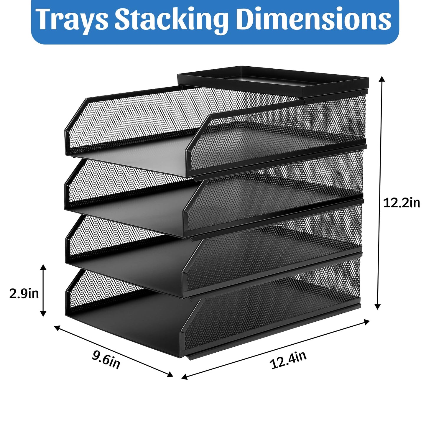 AZFUNN 4 Tier Paper Organizer for Desk, Stackable File Trays, Front-Load Metal Mesh Letter Tray & Stacking Supports Storage Organization for Office Home Classroom (Black)