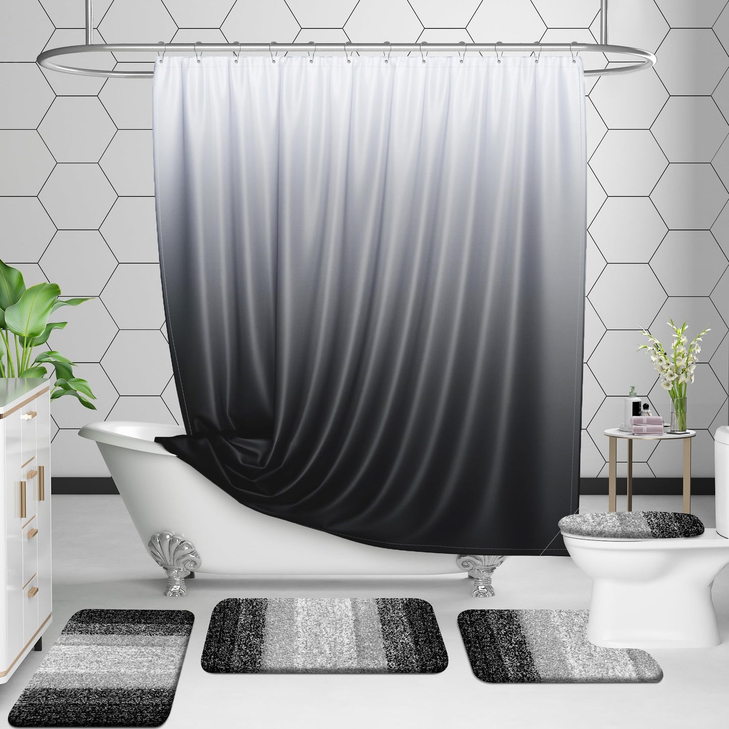 OLANLY Bathroom Rugs Sets 3 Piece, Soft Absorbent Microfiber Bath Mats and U-Shaped Contour Toilet Rug, Plush Shaggy Bath Mat Set for Bathroom (30"x20"+24"x16"+24"x20", Black)
