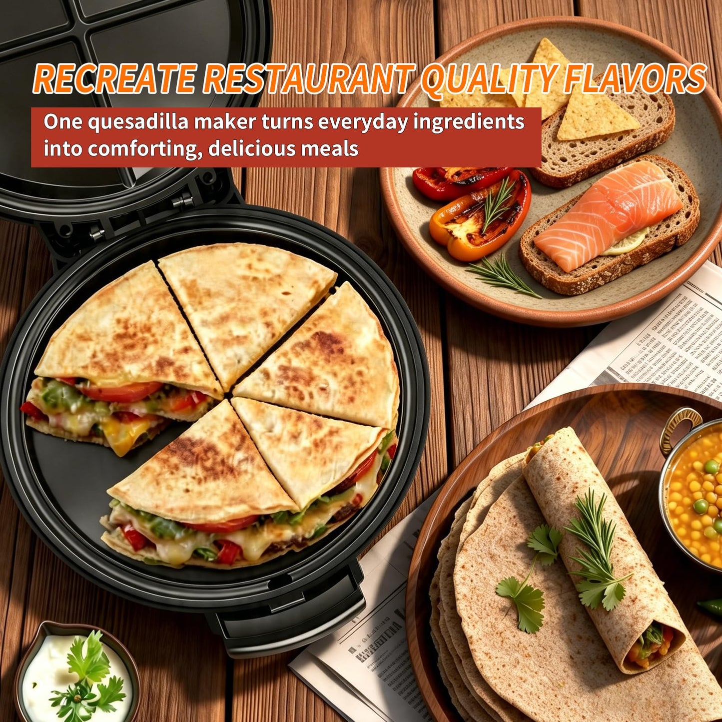 Electric Quesadilla Maker, 9.5'' Quesadilla Press with Extra Stuffing Latch, Easy Slice 6 Wedge, Grilled Cheese Corn Flour Tortilla Snacks, Nonstick Plates, Easy to Clean, Non-Slip Feet, Black