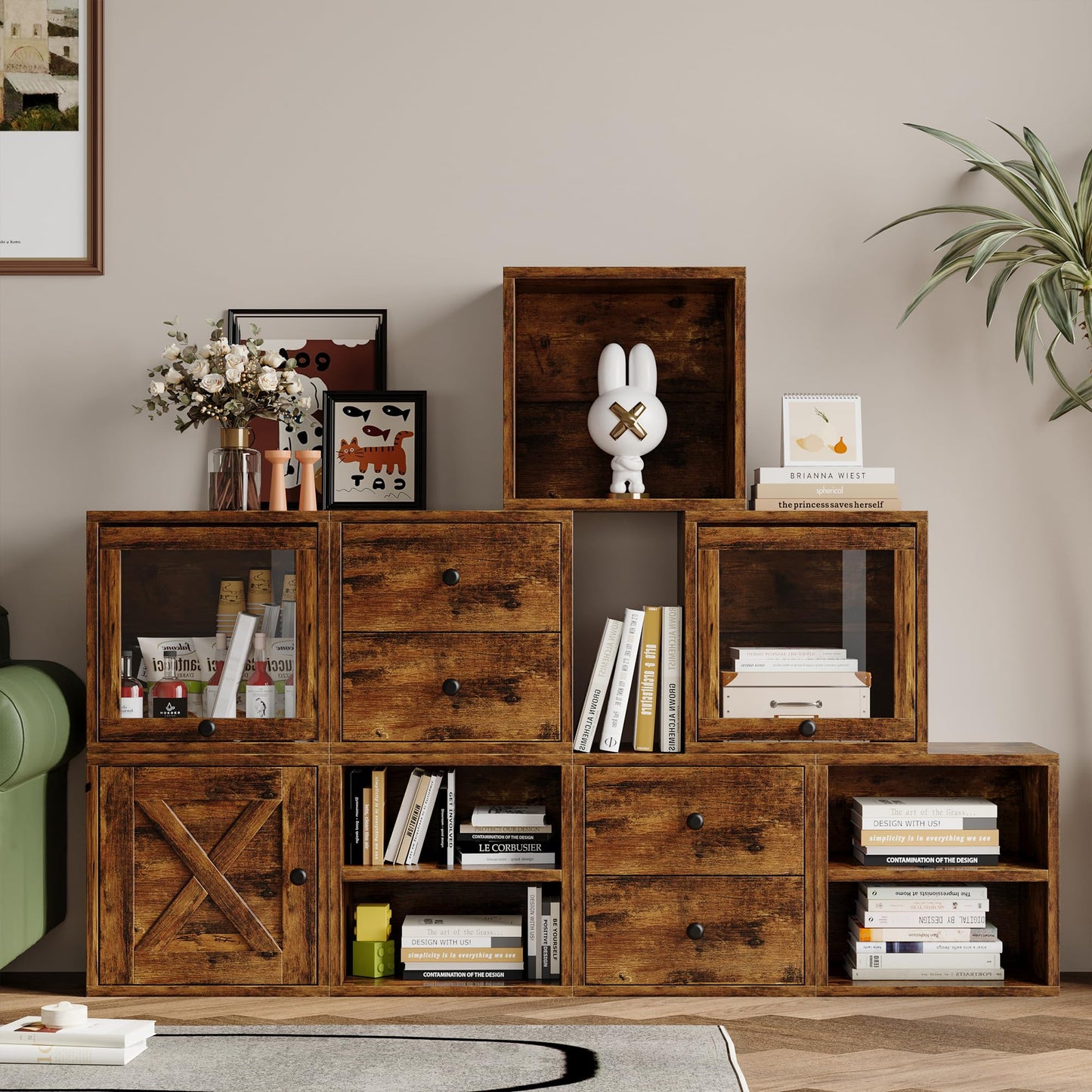 FUSUNBAO Magic DIY Cube Storage Organizer Stackable Cubes for Home Books Clothes Toy-Modular Cubby Storage System-Office Cubical-Bookcase Closet (Antique Brown, Door Cube)