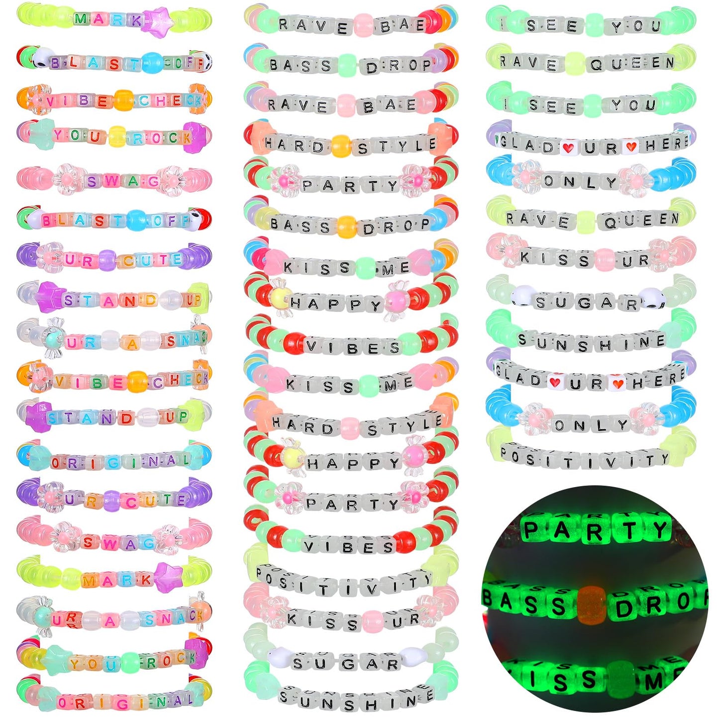 Equsion 48 Pcs Music Party Supply Rave Kandi Bracelets Glow in the Dark Wear and Trade Handmade Party Rave Bracelets Alphabet Plus Music Festival Accessories Every Time for Women Men(Vibrant)