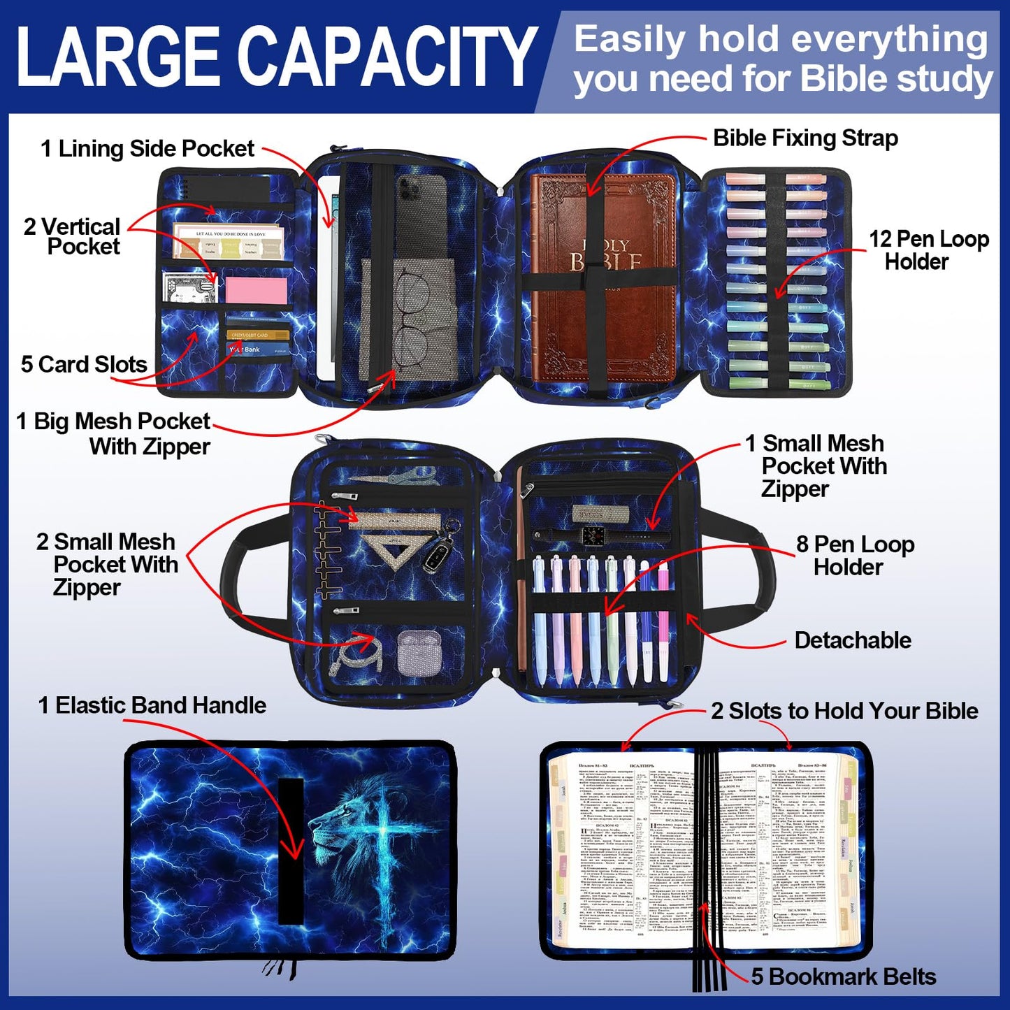 IBOVODI Lion Cross Large Bible Cover Case for Boys with Handle Zipper Pocket, Bible Study Supplies Journaling Kit Book Carrying Case with Pens Highlighters Cross Clips, Christian Gifts for Men Blue