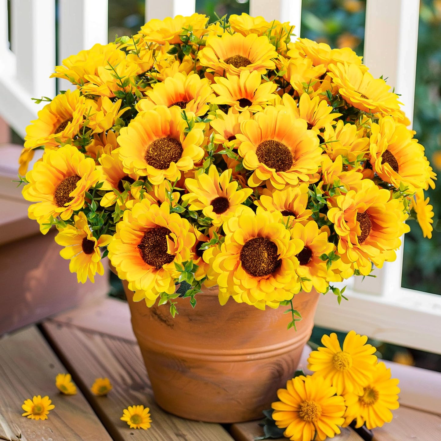 FOUSUKA Artificial Sunflowers for Outdoors, 10 Bundles Fake Silk Sunflowers with Eucalyptus Leaves UV Resistant for Home Outside Front Door Porch Planters Garden Balcony Yard Patio Wedding Party Decor