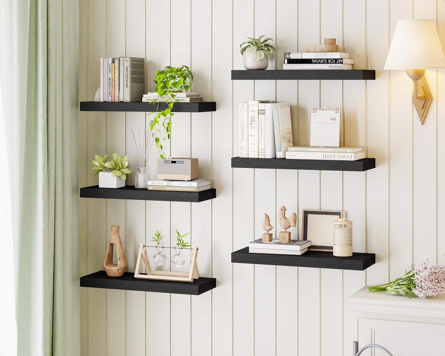 Fixwal Black Shelves, 15.8in Floating Shelves, Farmhouse Shelf Wall Decor for Bathroom, Bedroom, Living and Kitchen Set of 6
