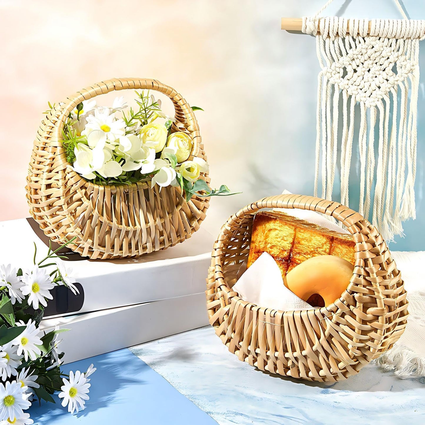 Taiyin 6 Pack Rattan Flower Girl Basket Half Moon Straw Wicker Basket with Handle 6.7" x 6.5" x 4.3" Ideal for Wedding Flower Girl, Picnic, Garden Storage and Home Decor (Nature)
